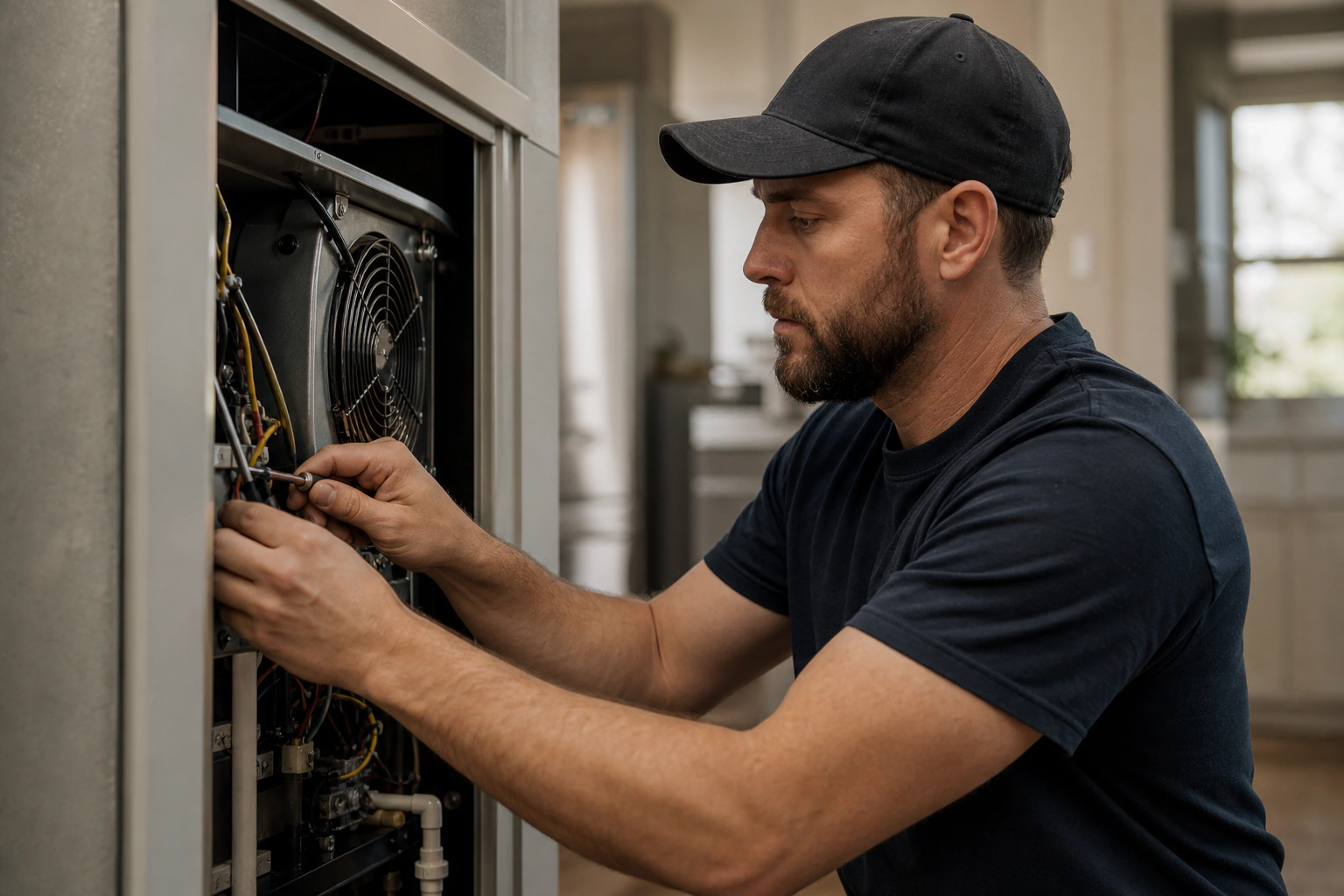 A home-services professional repairing equipment