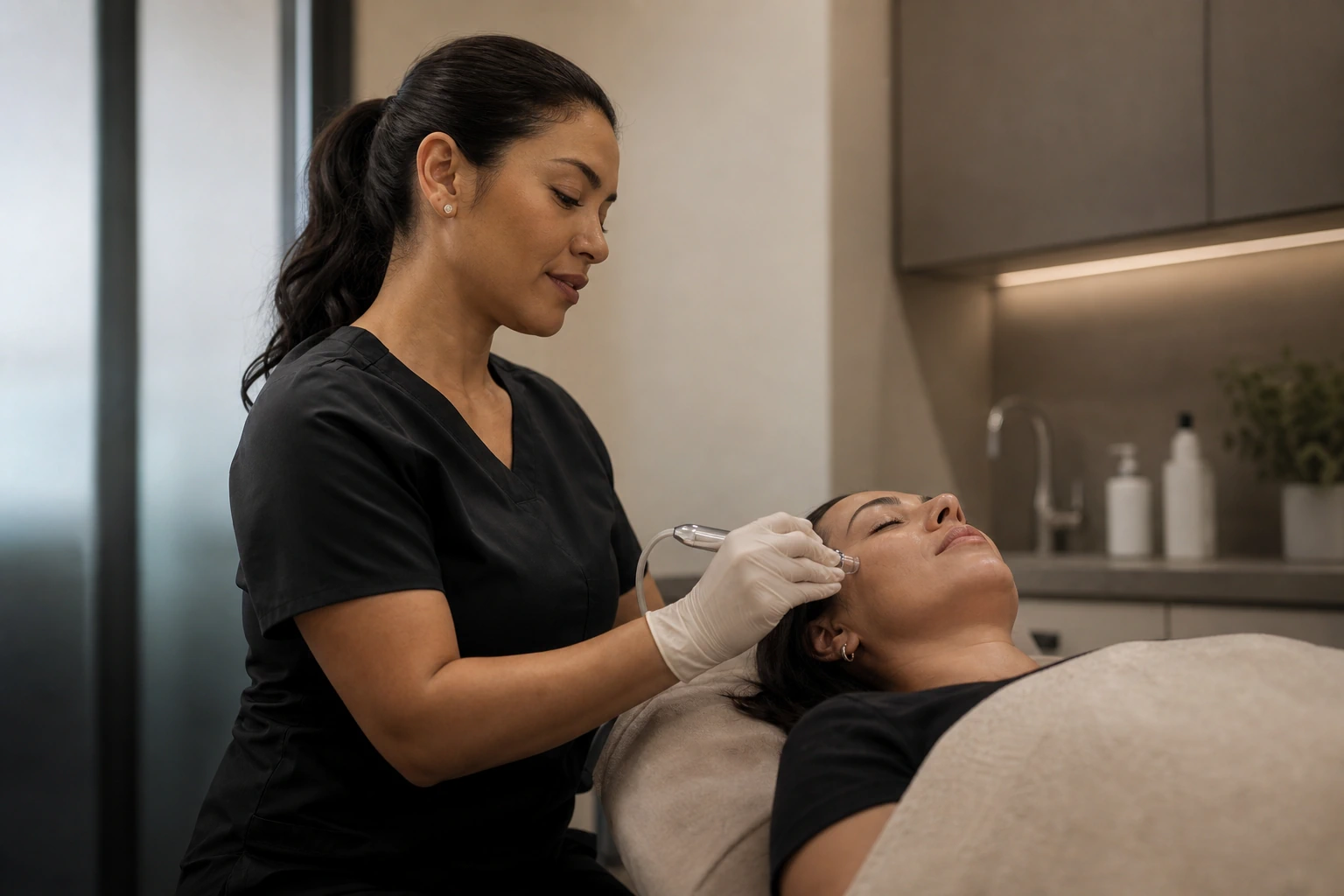 A medical aesthetics professional caring for a client