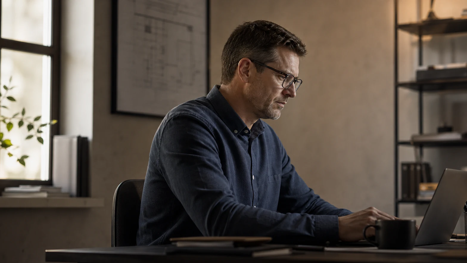 A professional-services owner working at his desk